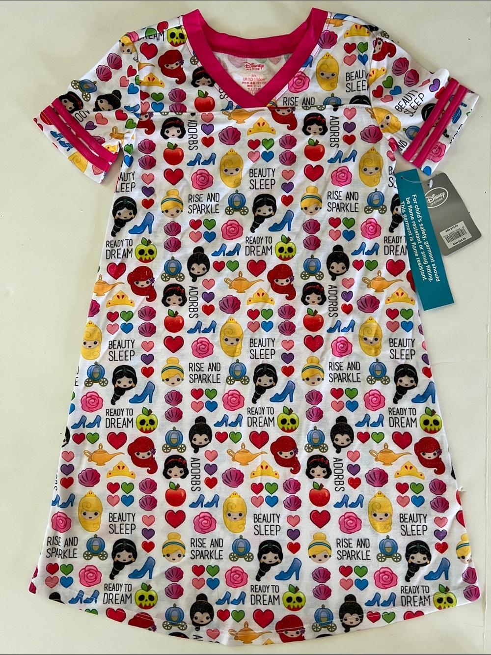 Disney Girls' White Nightgown with Multicolor Princess Emoji Print and Pink Trim - Picture 1 of 6